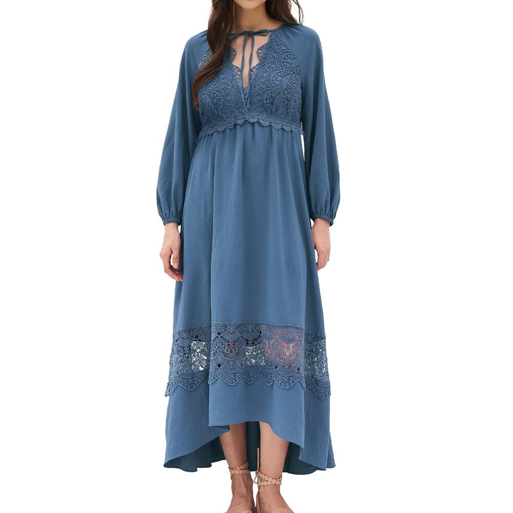 9725 Blue Boho Lace Maxi Dress Long Sleeve Flowy V Neck Empire Waist